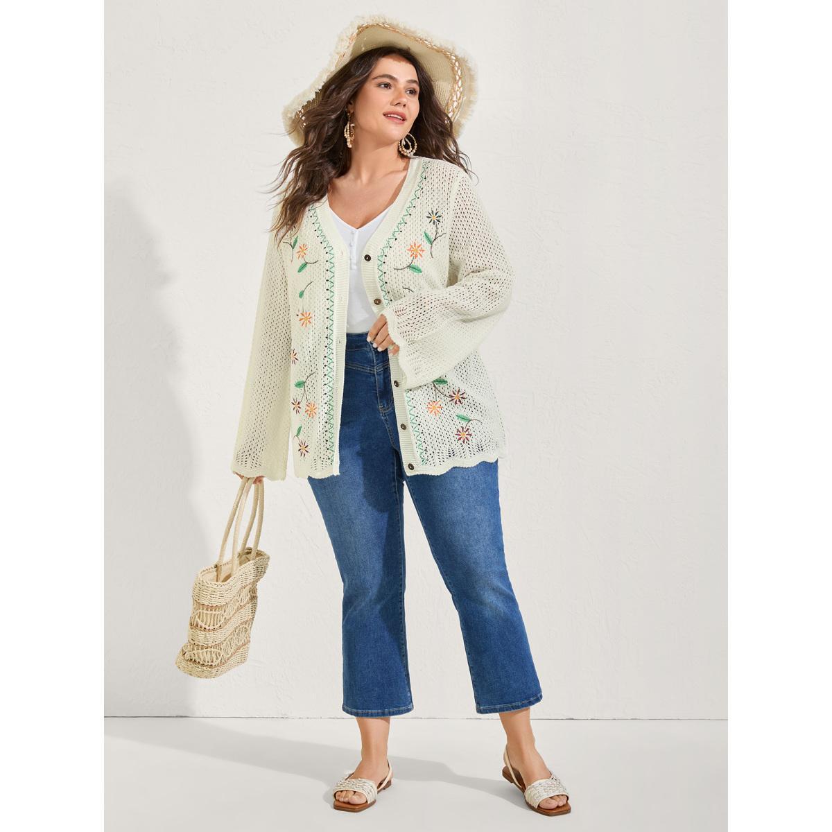 Plus Size Floral Embroidery Flared Sleeve Knit Cardigan Ivory Women Resort Loose Long Sleeve Vacation Cardigans BloomChic 30/6X Product Image