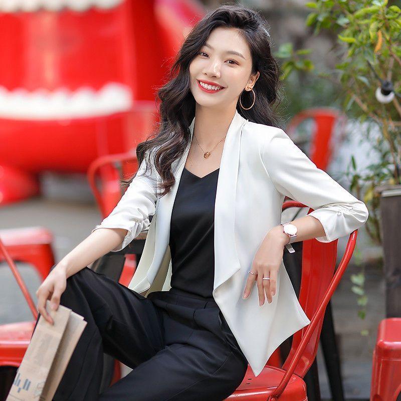 3/4 Sleeve Lapel Collar Plain Open Front Blazer Product Image