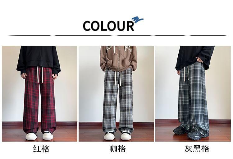 Drawstring Waist Plaid Wide Leg Pants Product Image