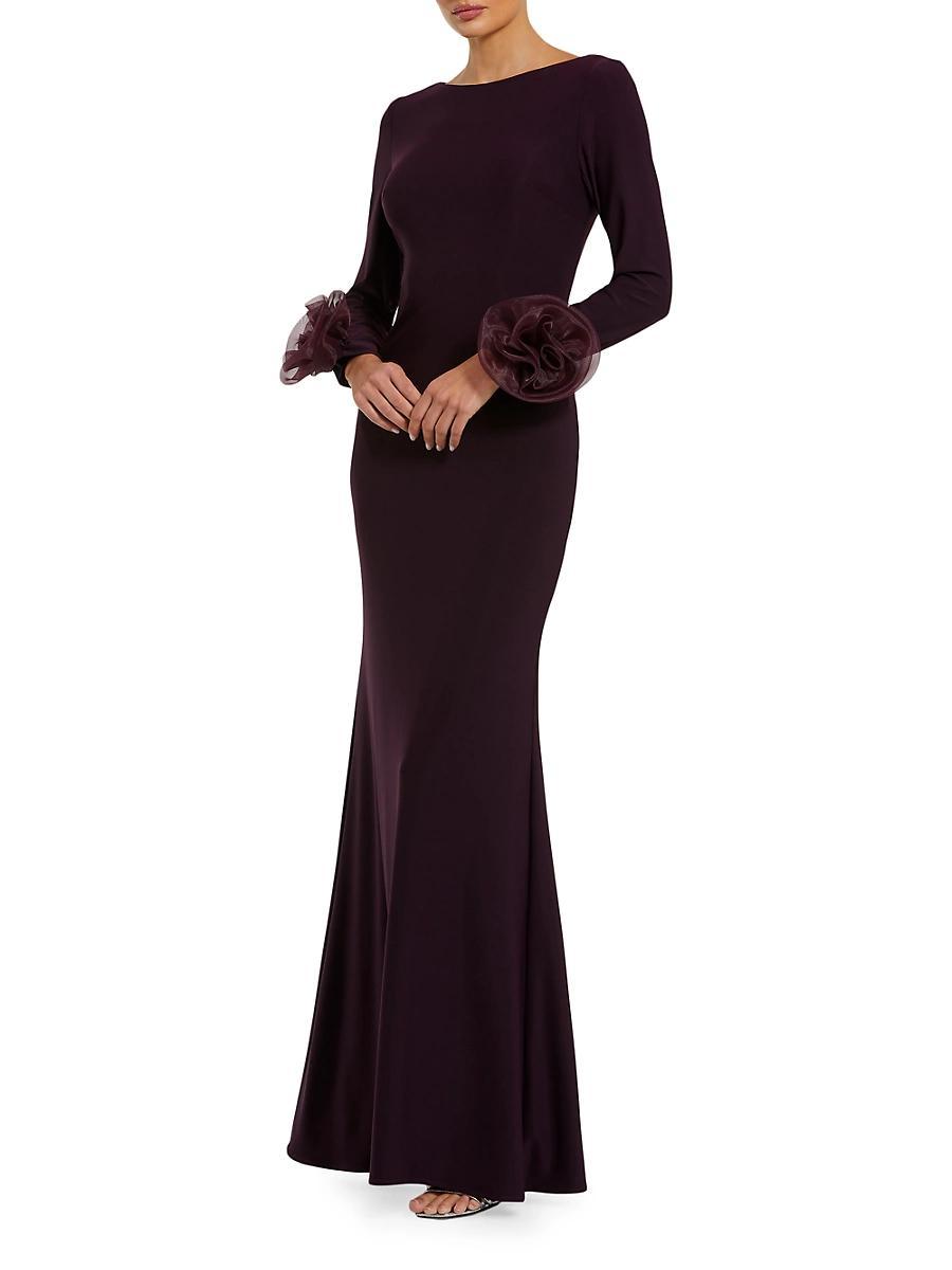 Womens Organza Rosette Long-Sleeve Gown Product Image
