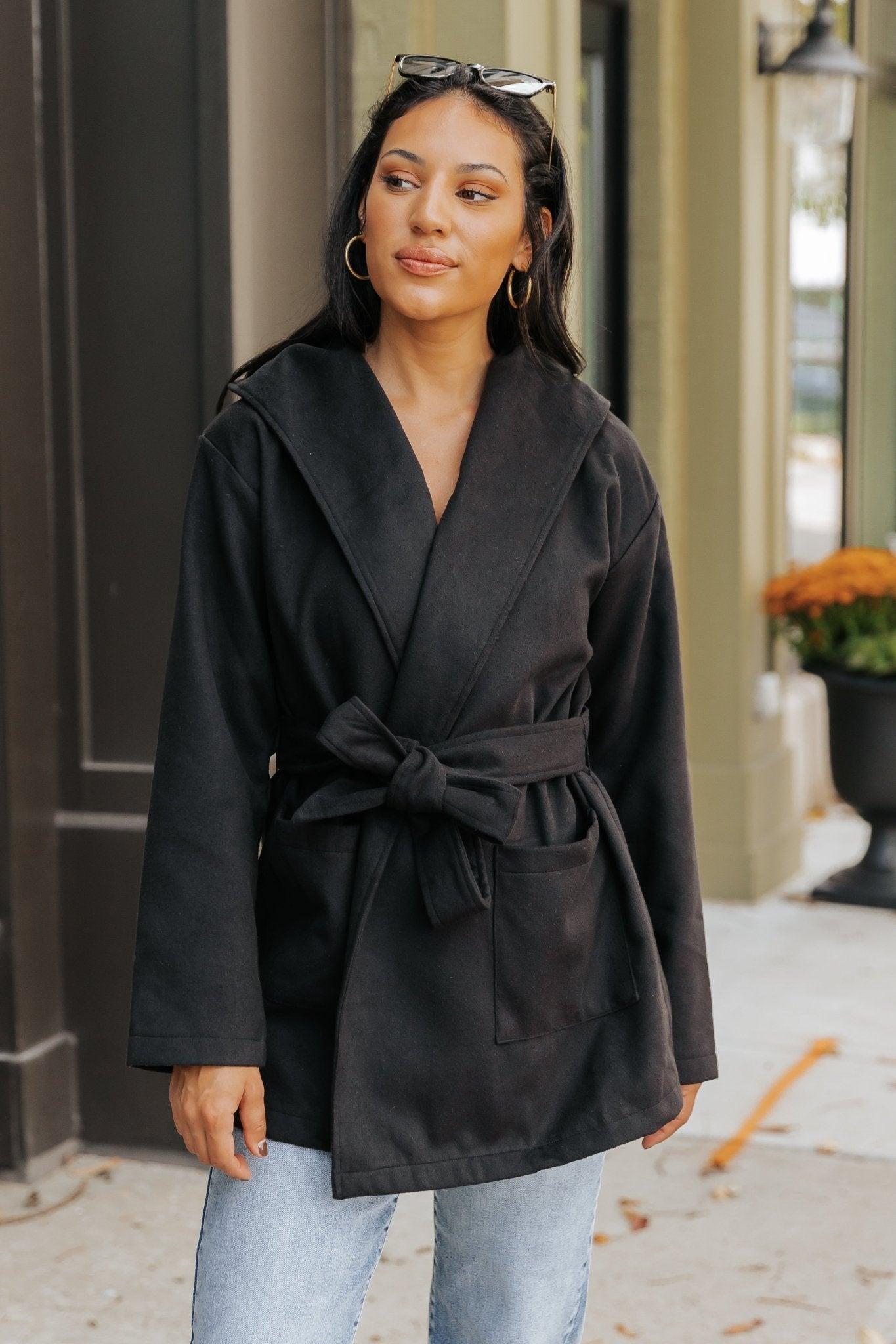 Sophisticated Black Tie Hooded Coat - FINAL SALE Product Image