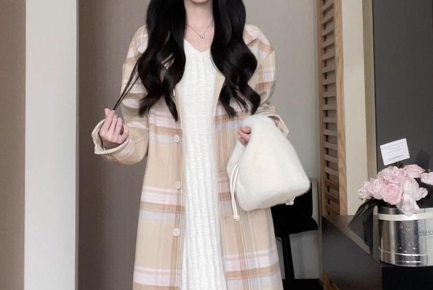 Long-Sleeve V-Neck Mock Two-Piece Asymmetrical Lace Panel Layered Midi A-Line Knit Dress / Mock Neck Dress Product Image