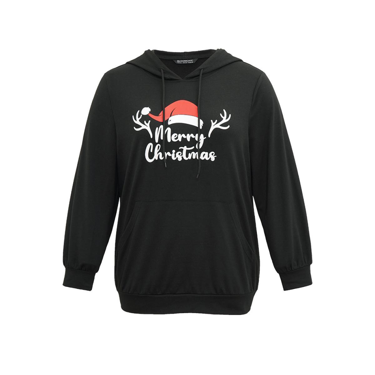 Plus Size Christmas Letter Hooded Drawstring Pocket Sweatshirt Women Black Casual Elastic cuffs Festival-Christmas Sweatshirts BloomChic 12/L Product Image