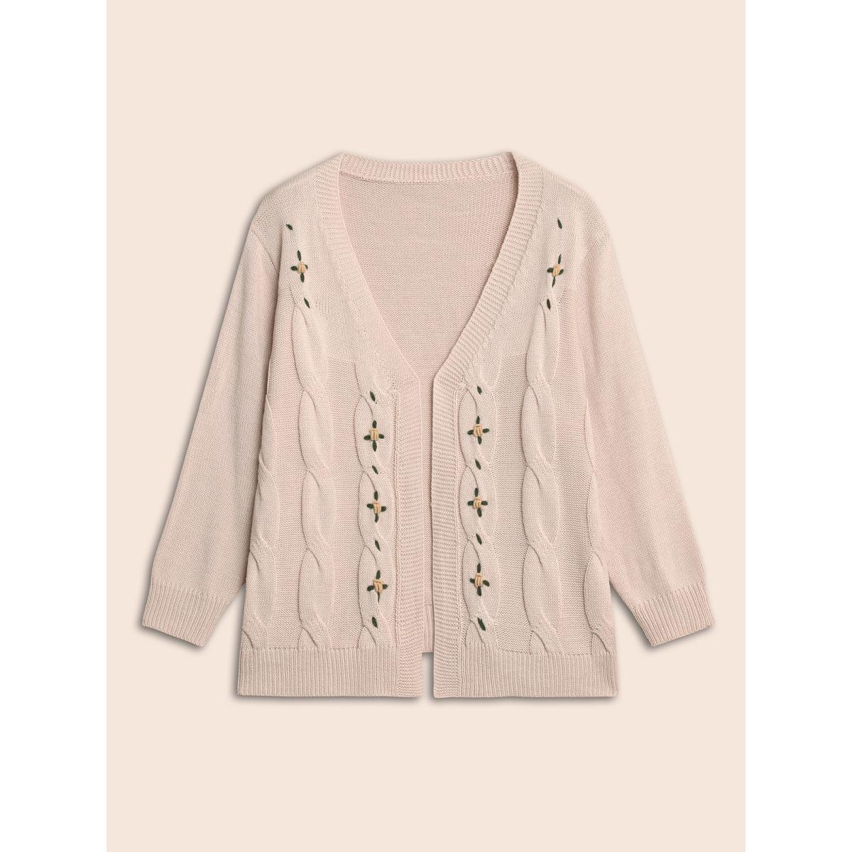 Plus Size Floral Embroidered Kimono Collar Cable Knit Cardigan MistyRose Women Casual Loose Long Sleeve Everyday Cardigans BloomChic 22-24/3X Product Image