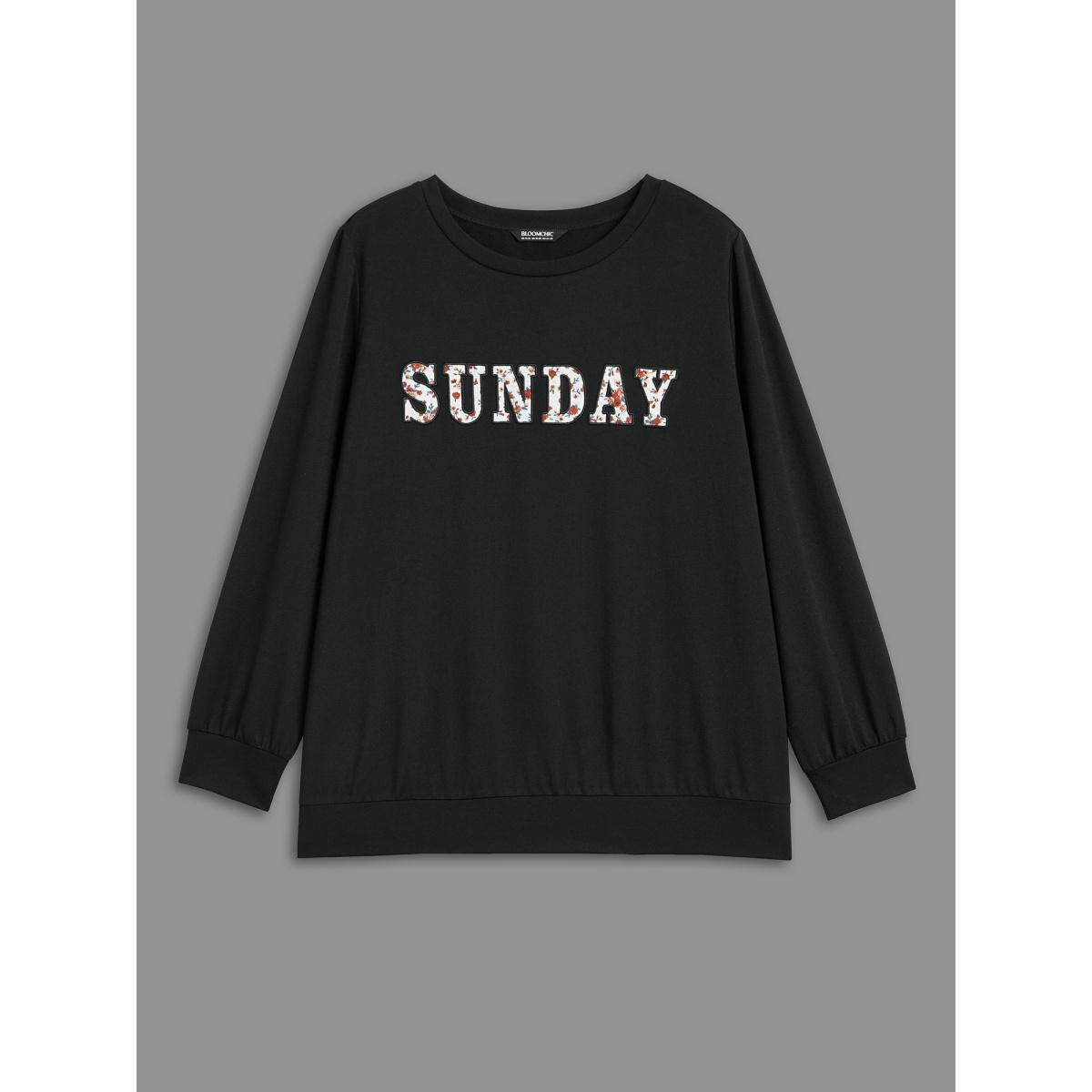 Plus Size Sunday Patchwork Embroidered Sweatshirt Women Black Casual Embroidered Round Neck Everyday Sweatshirts BloomChic 12/L Product Image