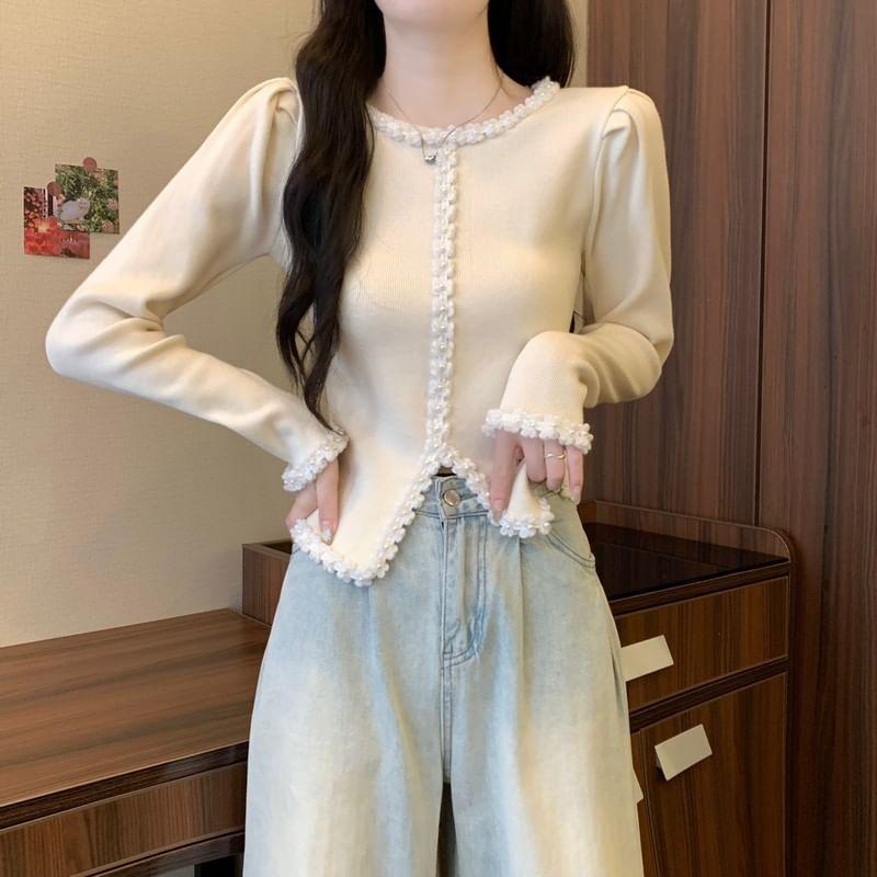 Long-Sleeve Round Neck Faux Pearl Accent Contrast Trim Slit Knit Top Product Image