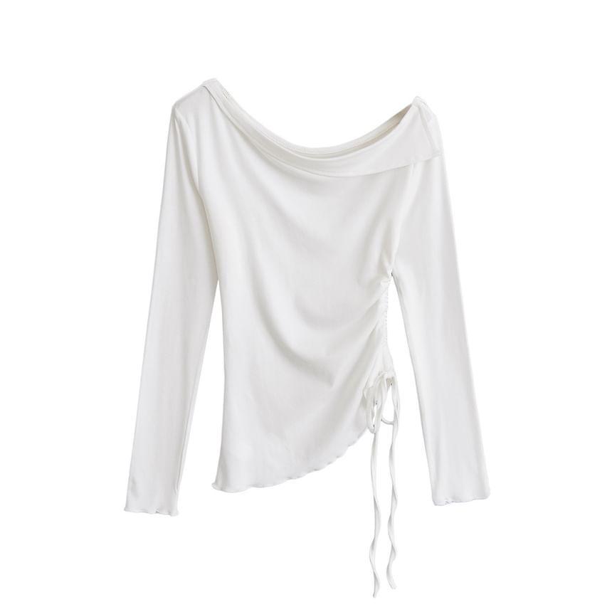 Long-Sleeve Off-Shoulder Plain Asymmetrical Drawstring Slim Fit T-Shirt Product Image