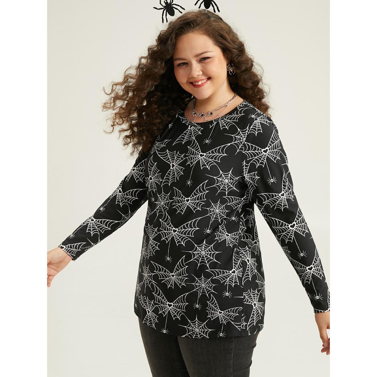 Plus Size Halloween Spider Web Print Round Neck T-shirt Black Women Casual Printed Graphic-Halloween Round Neck Festival-Halloween T-shirts BloomChic 18-20/2X Product Image