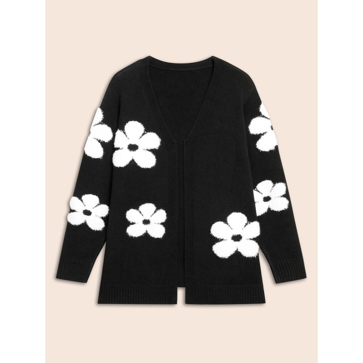 Plus Size Floral Jacquard Drop Shoulder Sleeve Cardigan Black Women Casual Loose Long Sleeve Everyday Cardigans BloomChic 30/6X Product Image