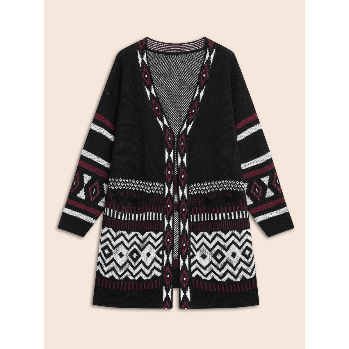Plus Size Bandana Drop Shoulder Pocket Cardigan Black Women Casual Loose Long Sleeve Everyday Cardigans BloomChic 14-16/1X Product Image