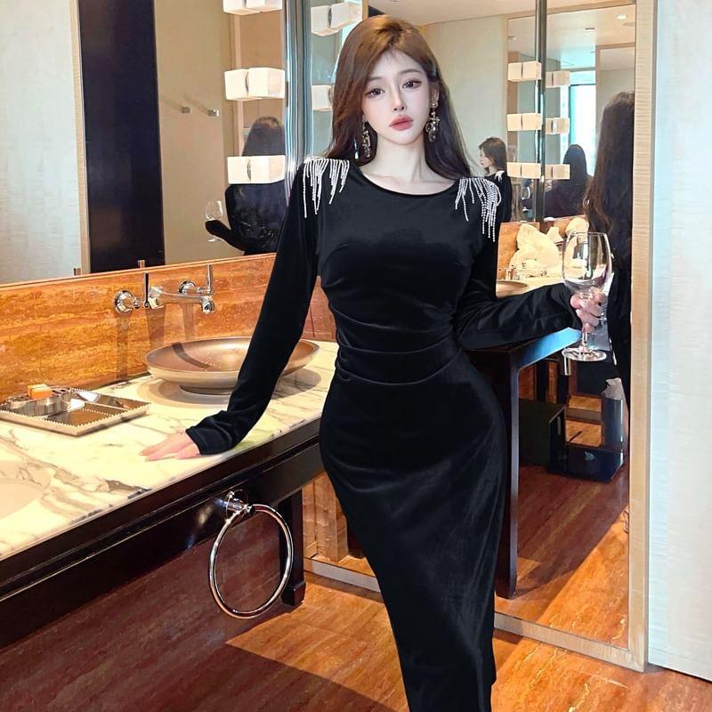 Long-Sleeve Rhinestone Panel Midi Velvet Bodycon Dress Product Image