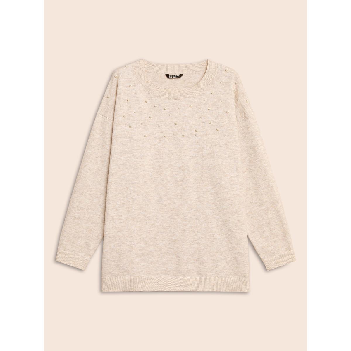 Plus Size Round Neck Pearl Beaded Pullover Apricot Women Casual Long Sleeve Round Neck Everyday Pullovers BloomChic 12/L Product Image