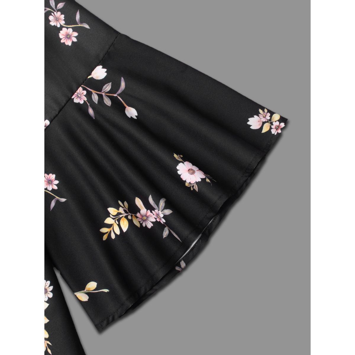Plus Size BlackFlower Gradient Floral Ruffle Sleeves Blouse Women Elegant Elbow-length sleeve V-neck Everyday Blouses BloomChic 10/M Product Image