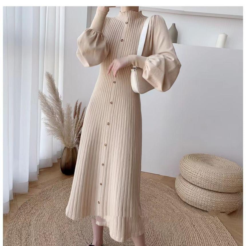 Puff-Sleeve High Neck Plain Ribbed Midi Knit Dress Product Image