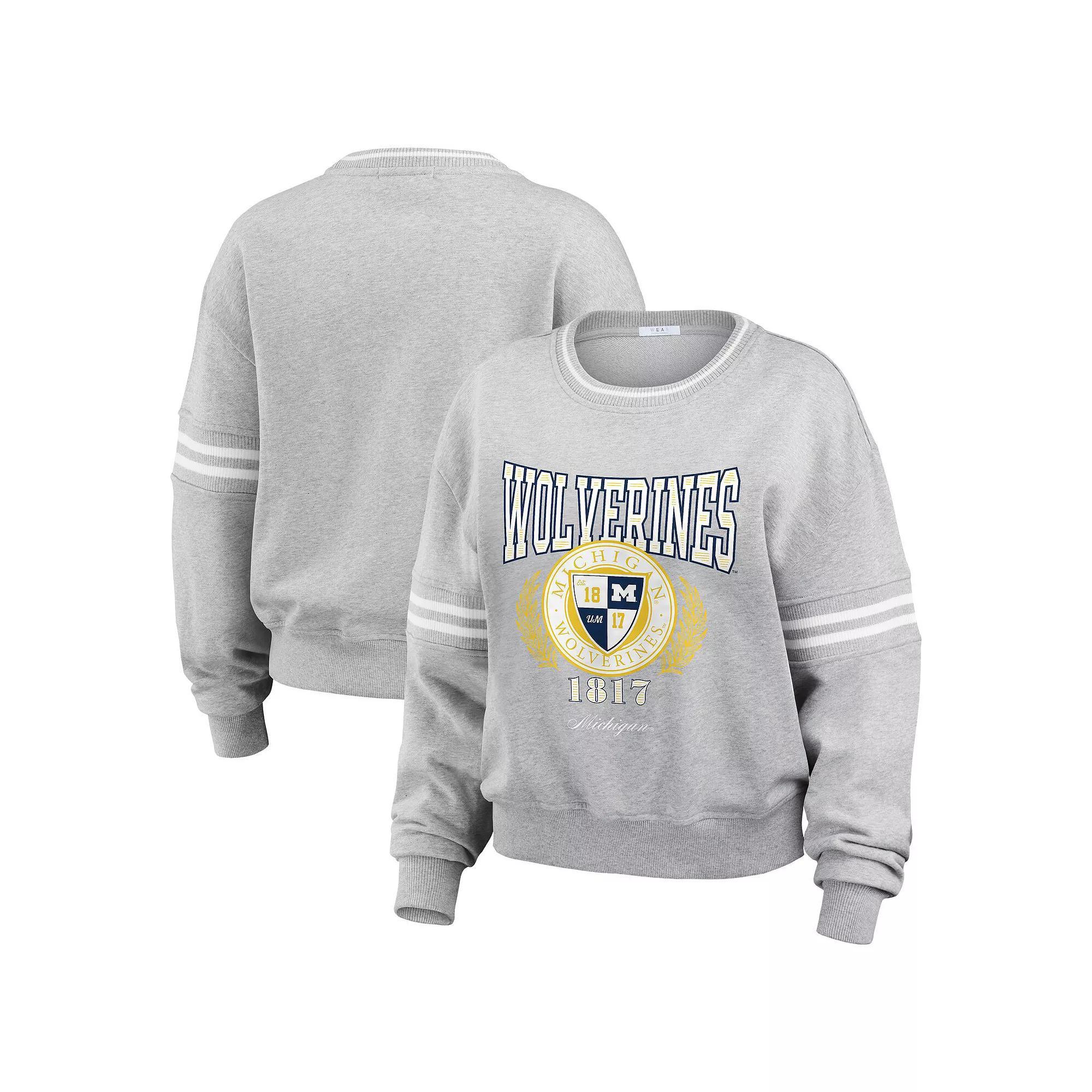 Women's WEAR by Erin Andrews Heather Gray Michigan Wolverines Classic Stripe Pullover Sweater, Size: Large, Grey Product Image