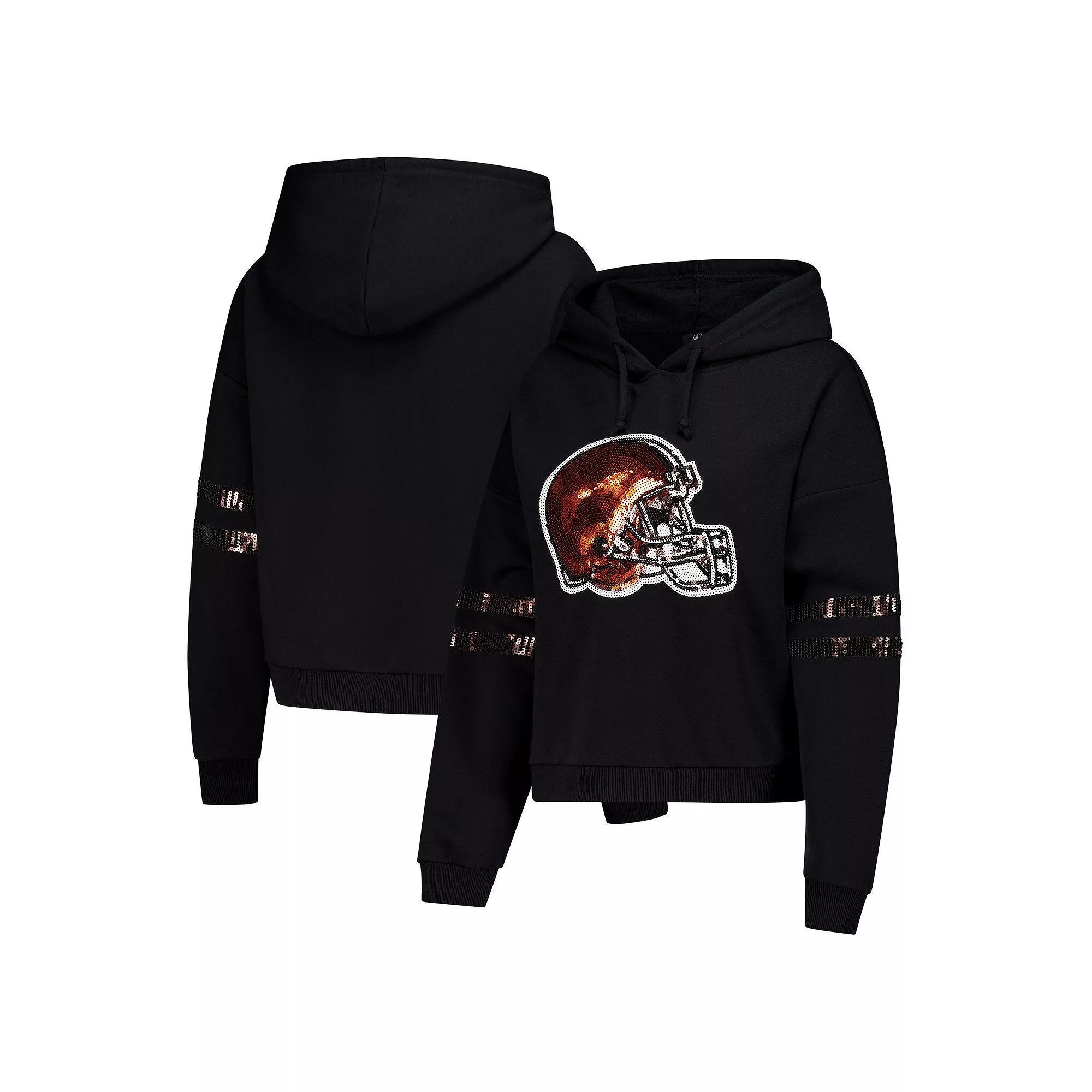 Women's Cuce Black Cleveland Browns Cropped Sequins Pullover Hoodie, Size: Large Product Image