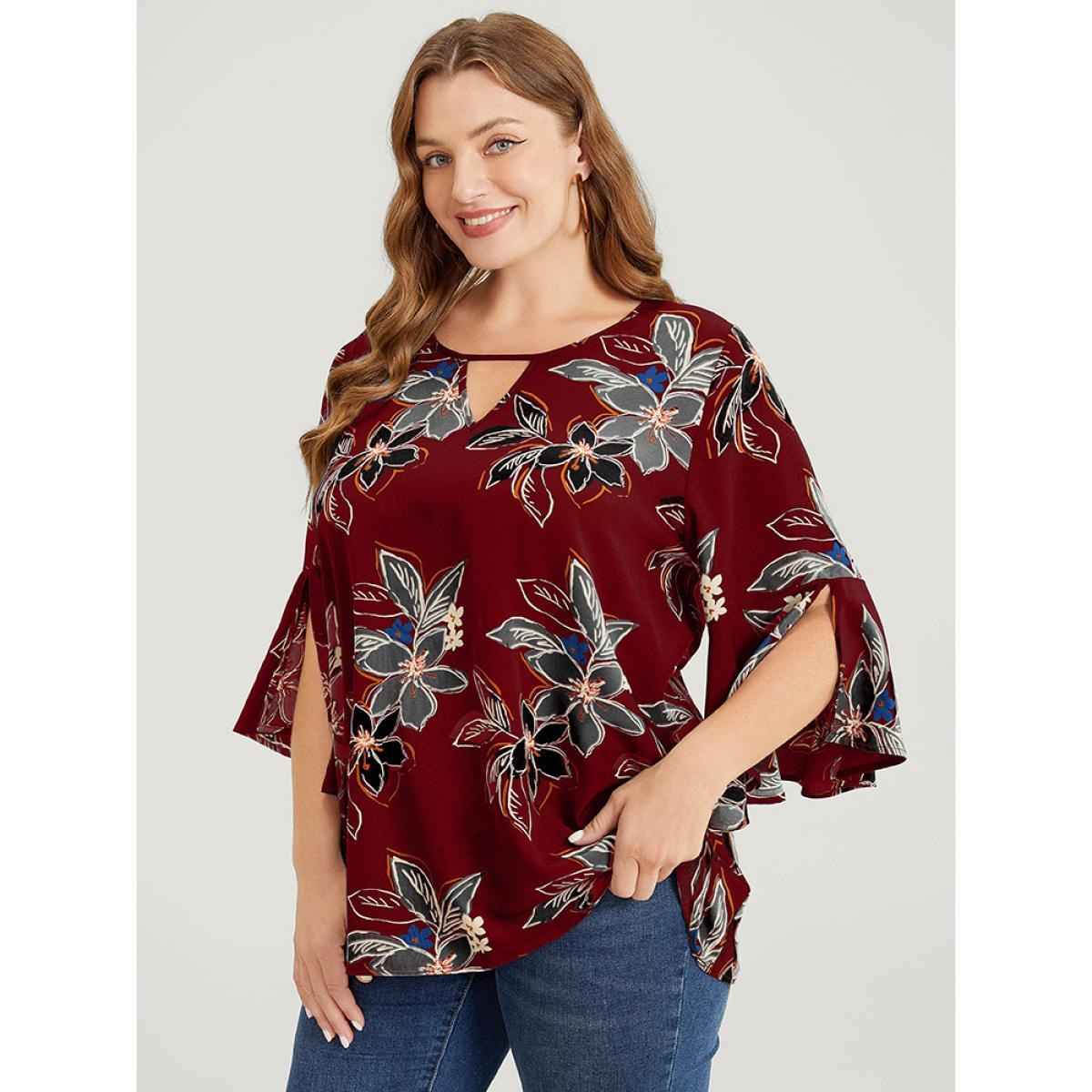 Plus Size Scarlet Floral Print Keyhole Neck Split Bell Sleeve Blouse Women Elegant Elbow-length sleeve Round Neck Dailywear Blouses BloomChic 14-16/1X Product Image