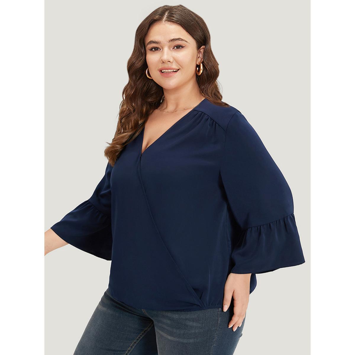 Plus Size Indigo Anti-Wrinkle Plain Surplice Neck Bell Sleeve Blouse Women Office Elbow-length sleeve V-neck Work Blouses BloomChic 18-20/2X Product Image