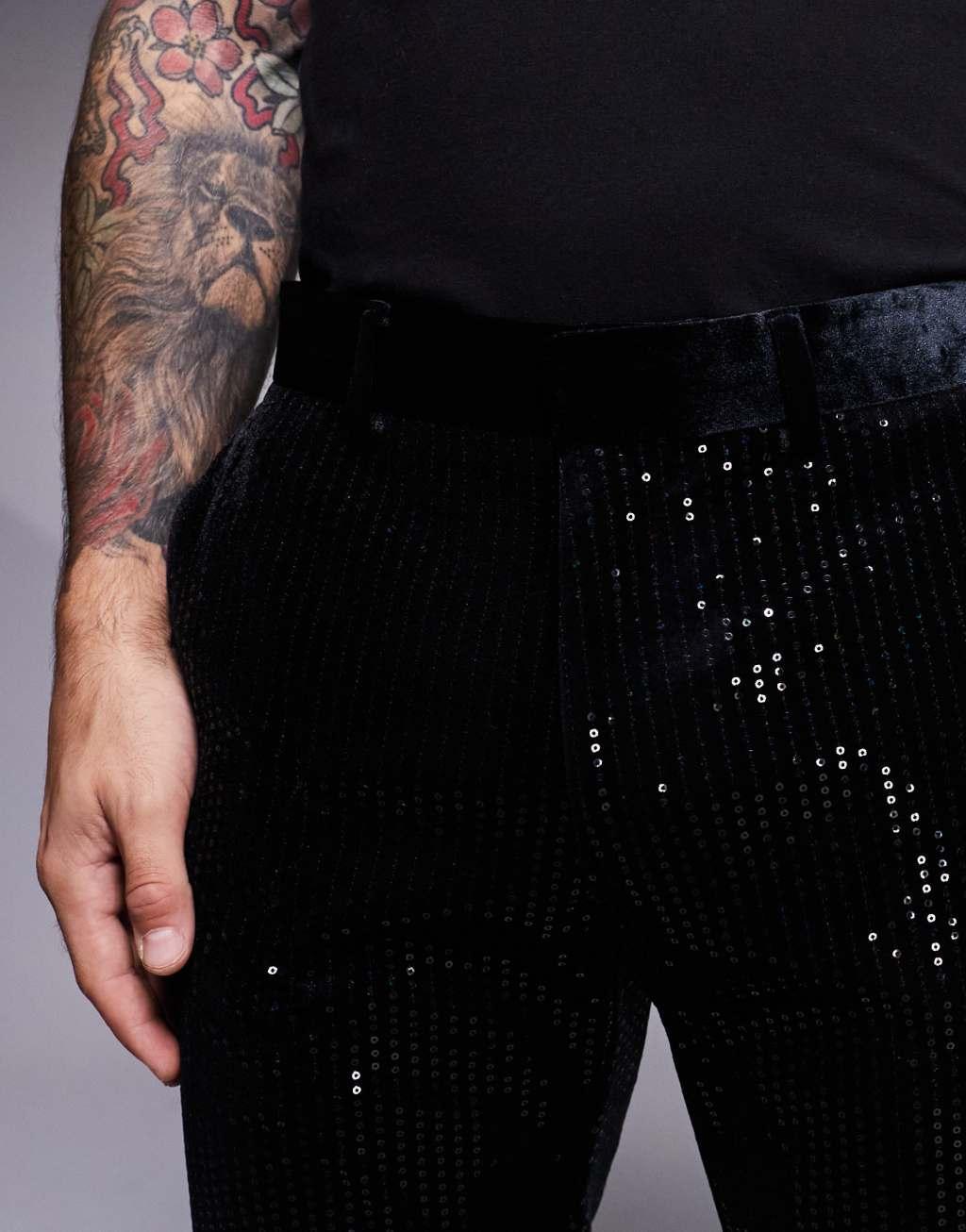 ASOS DESIGN new skinny suit pants in velvet sequin in black Product Image