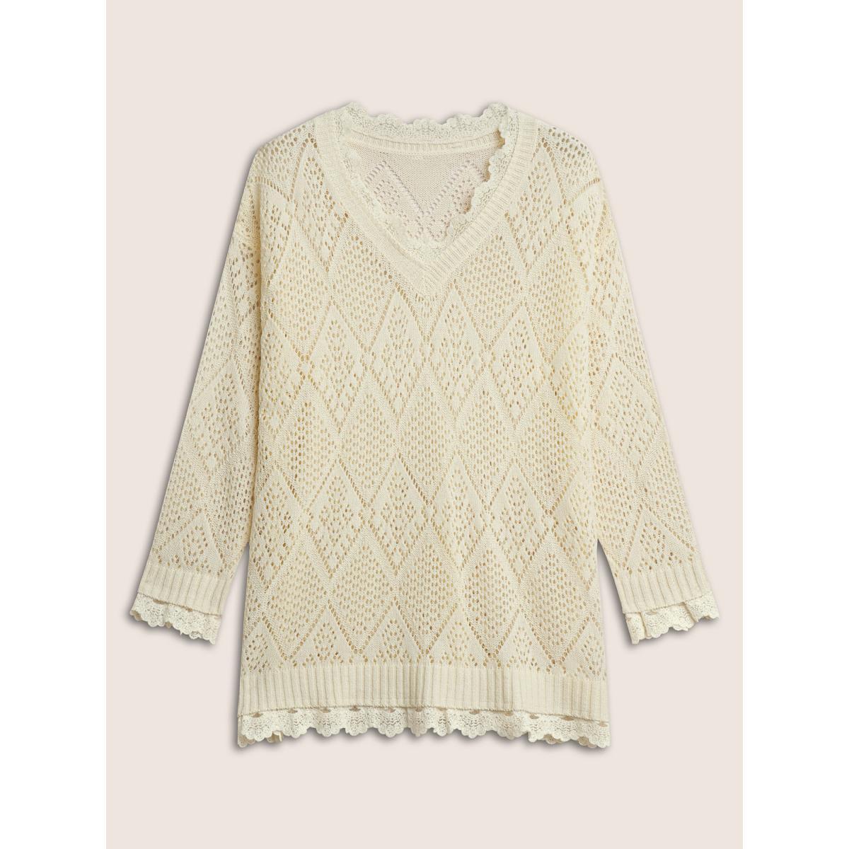 Plus Size Geometric Hollow Out Mesh Lace Panel Pullover Apricot Women Elegant Long Sleeve V-neck Everyday Pullovers BloomChic 28/5X Product Image