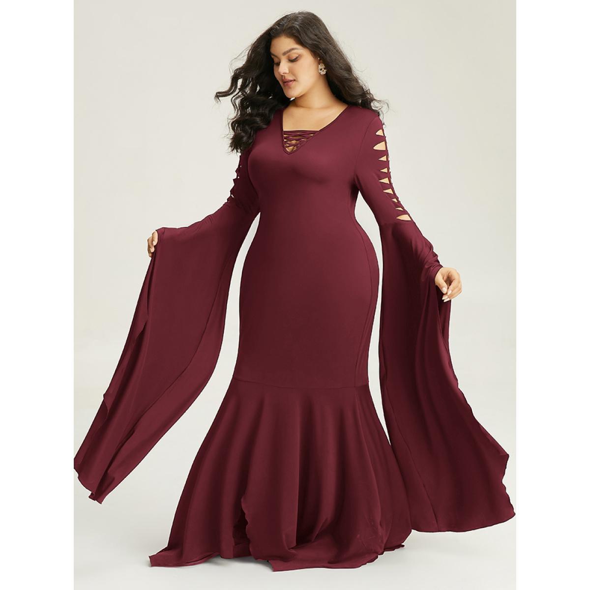 Plus Size Halloween Ripped Extra Long Sleeve Dress Burgundy Women Elegant Plain V-neck Extra Long Sleeve Curvy Maxi Dress BloomChic 28/5X Product Image