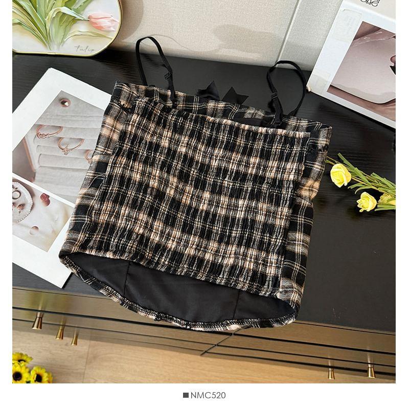 Lace-Trim Plaid Bustier Top with Pins Product Image