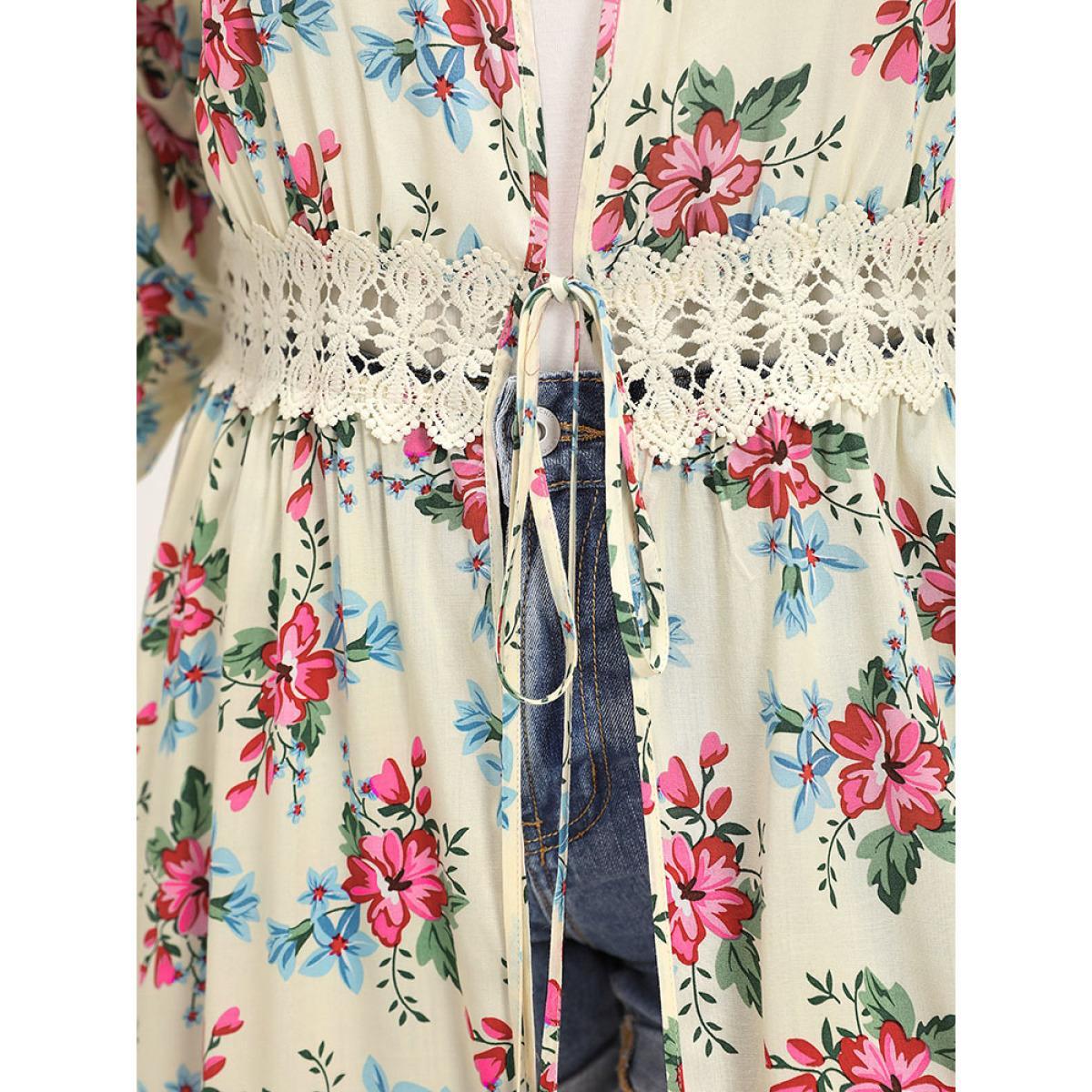 Plus Size Floral Print Open Front Knot Guipure Lace Ruffles Kimono Women Beige Vacation Printed Dailywear Kimonos BloomChic 28/5X Product Image