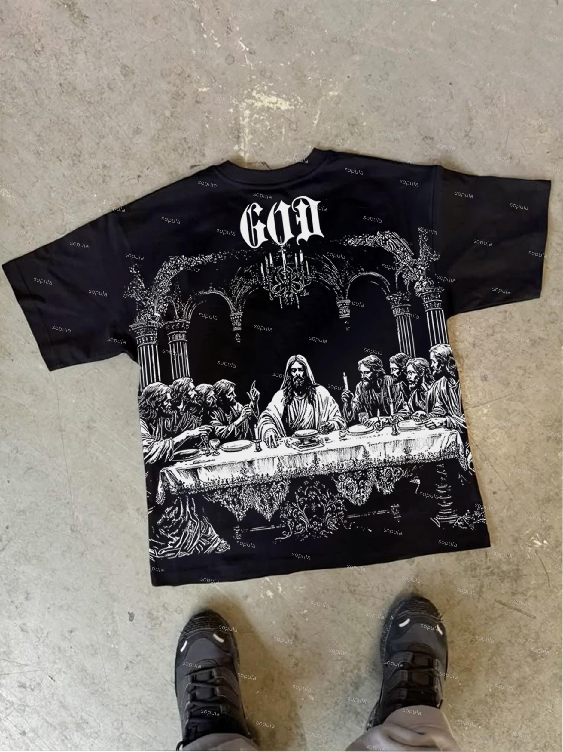 God's Supper Print Cotton T-shirt Product Image