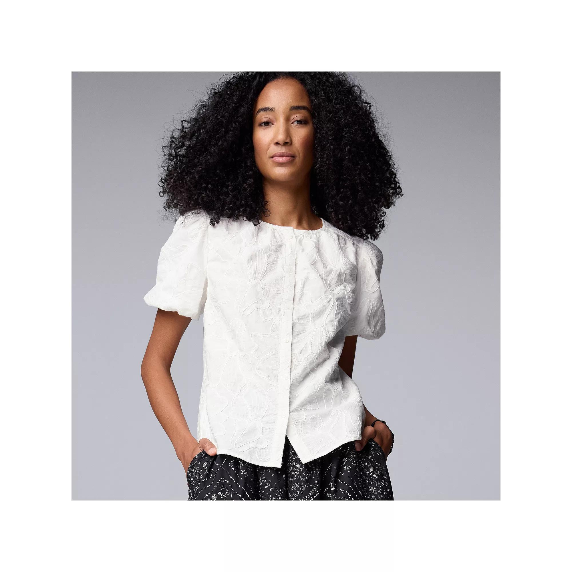 Women's Simply Vera Vera Wang Embroidered Short Sleeve Button-Front Top, Size: Large, White Knight Product Image