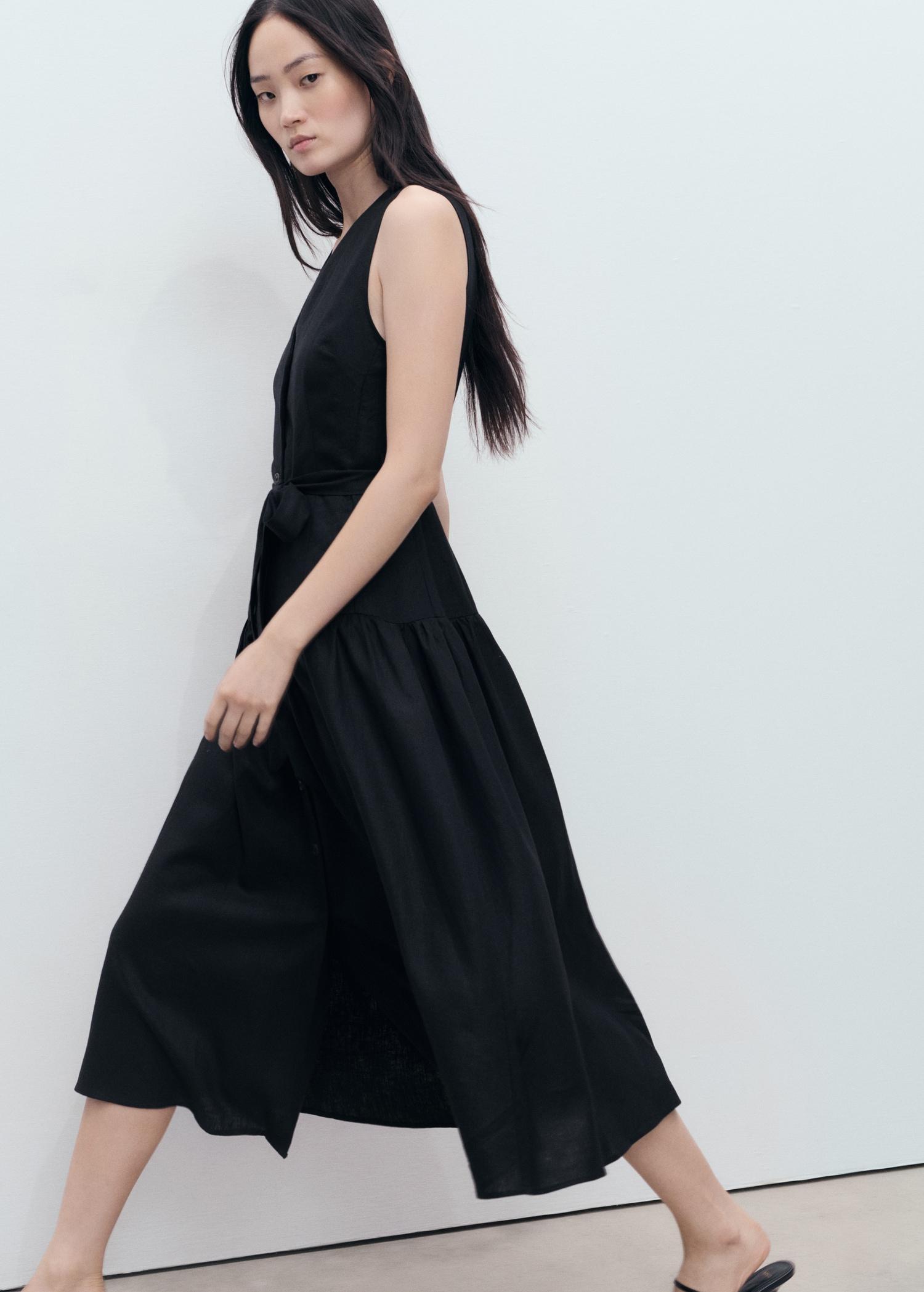 Linen midi-dress with belt - Women | MANGO USA Product Image