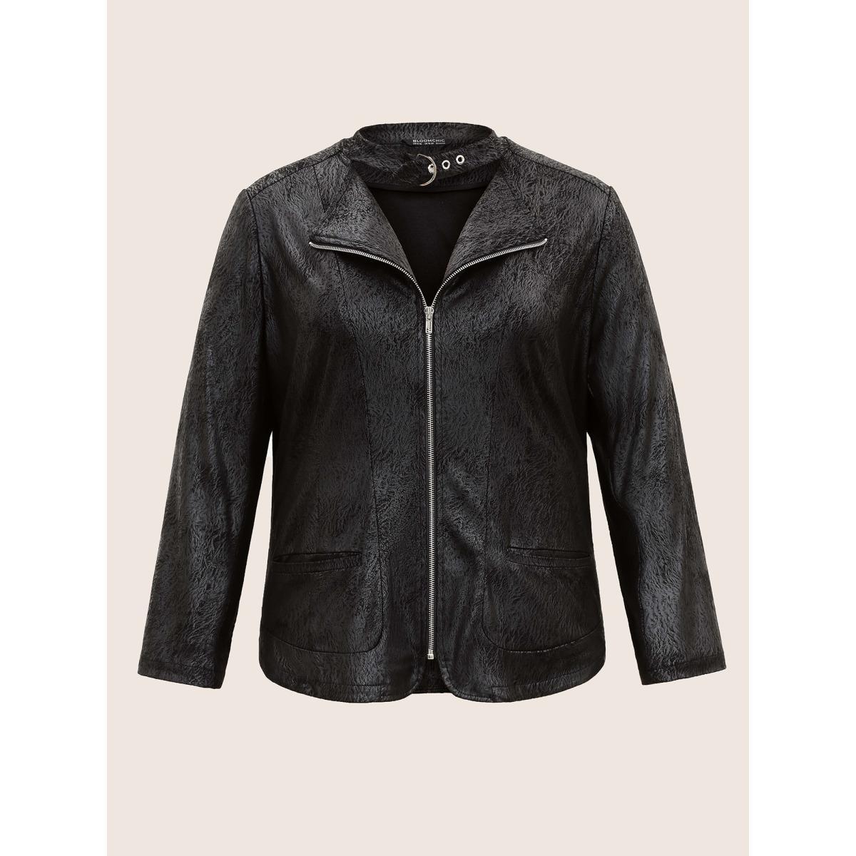 Plus Size PU Leather Print Faux Suede Buckle Detail Jacket Women Black Texture Pocket Everyday Jackets BloomChic 26/4X Product Image