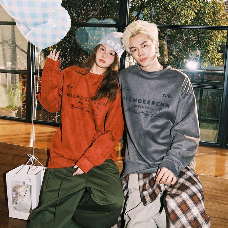 Couple Matching Crewneck Tie Dye Lettering Pullover Product Image