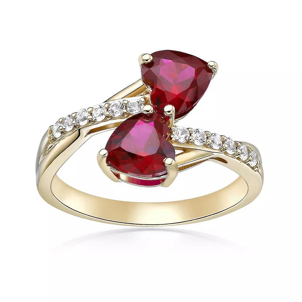 Gemminded 18k Gold Over Silver Lab-Created Gemstone & Lab-Created White Sapphire Two-Heart Ring, Womens Created Red Product Image