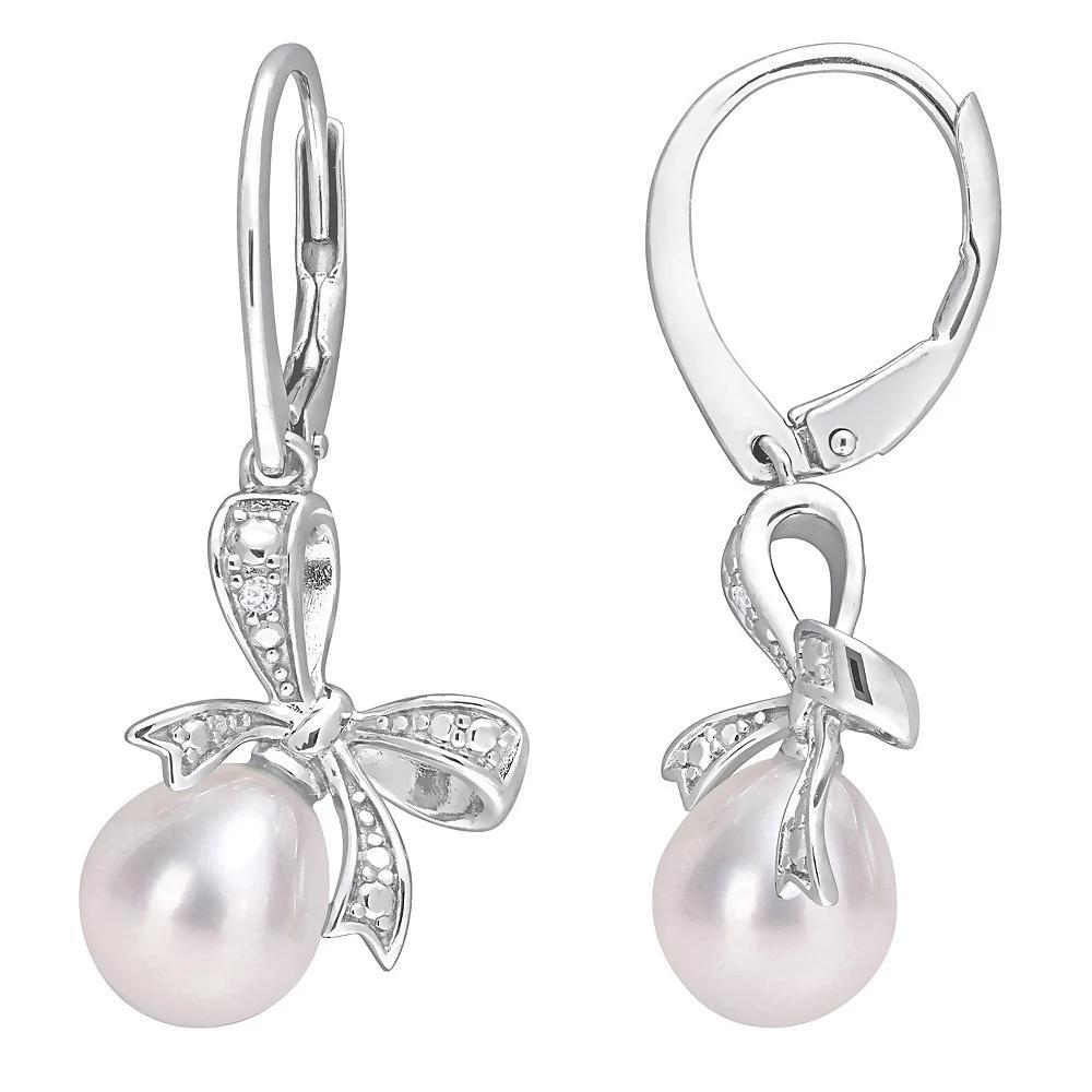 Stella Grace Sterling Silver Freshwater Cultured Pearl & Diamond Accent Bow Earrings, Women's Product Image