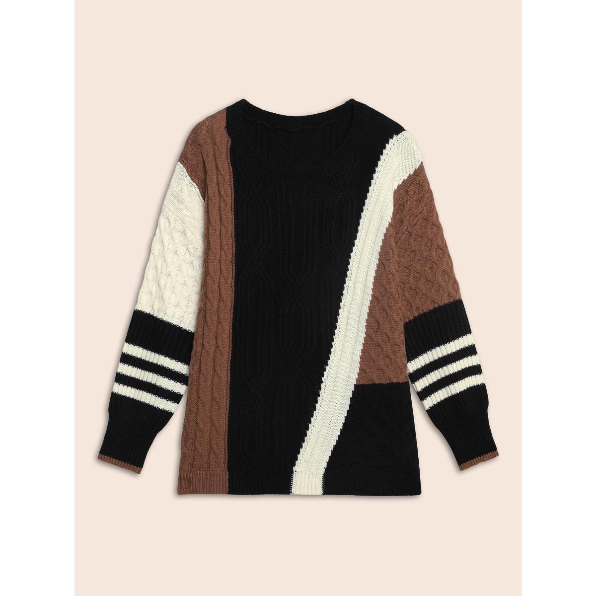 Plus Size Contrast Patchwork Cable Knit Pullover Black Women Casual Loose Long Sleeve Round Neck Everyday Pullovers BloomChic 18-20/2X Product Image