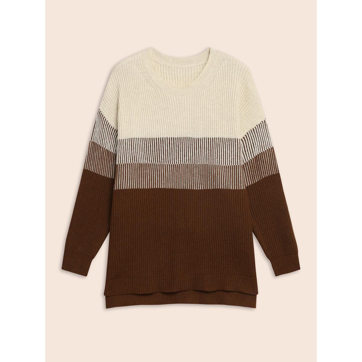Plus Size Colorblock Contrast Texture Slit Hem Pullover Browncoffeecolor Women Casual Loose Long Sleeve Round Neck Everyday Pullovers BloomChic 18-20/2X Product Image