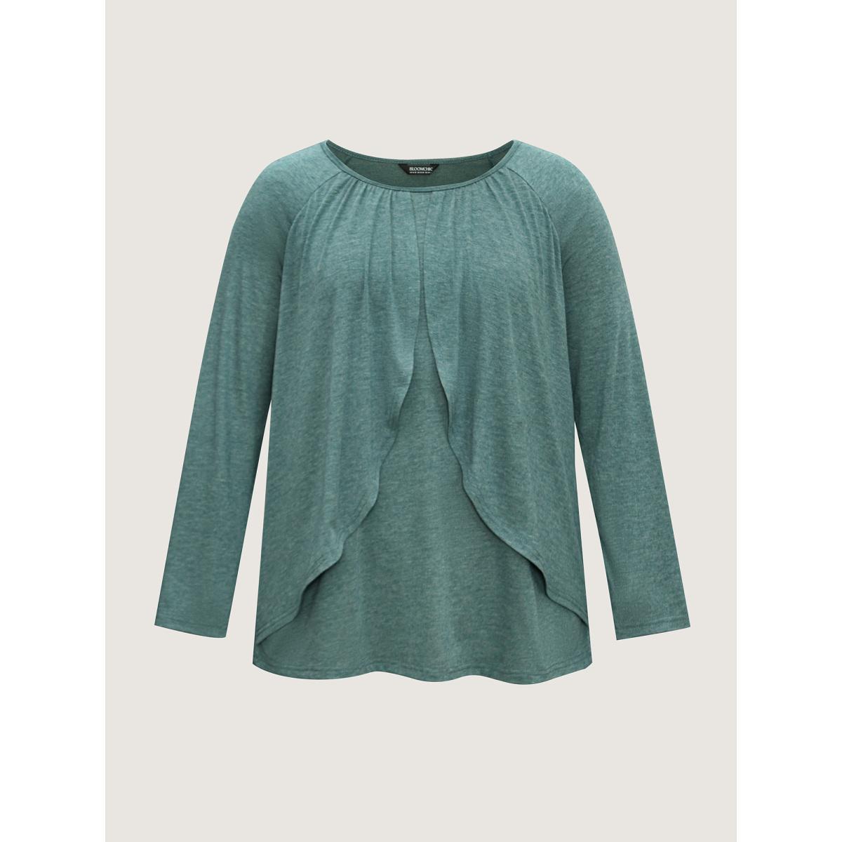 Plus Size 2-In-1 Gathered Ruffle Trim T-Shirt Teal Women Elegant Gathered Round Neck Everyday T-shirts BloomChic 10/M Product Image