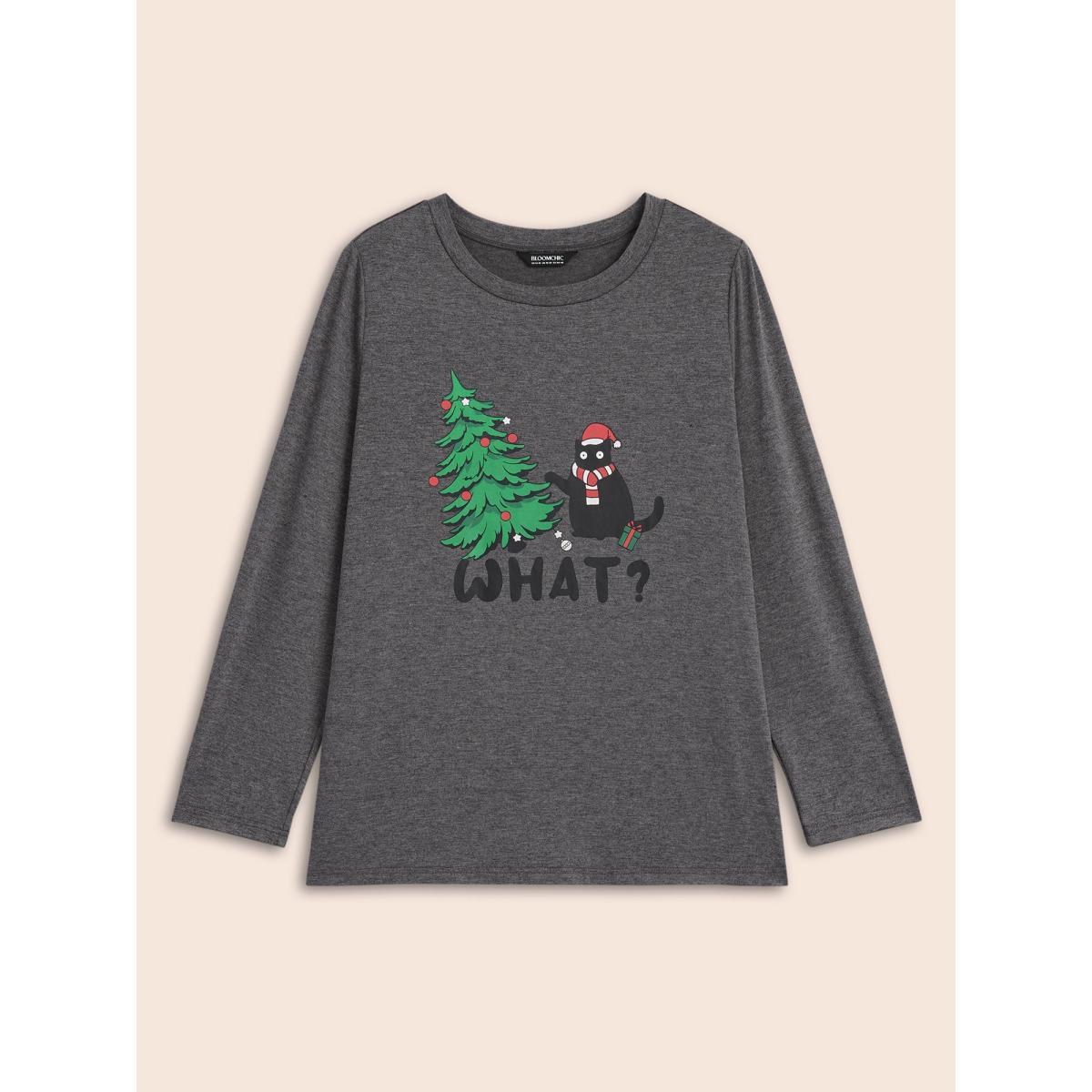 Plus Size Festive Cat And Tree Printed Slim-Fit Tee DimGray Women Casual Non Christmas Round Neck Everyday T-shirts BloomChic 26/4X Product Image