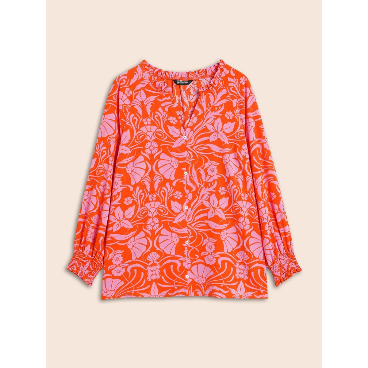 Plus Size Rosered Floral Shirred Frill Trim Lantern Sleeve Blouse Women Elegant Long Sleeve V-neck Everyday Blouses BloomChic 14-16/1X Product Image