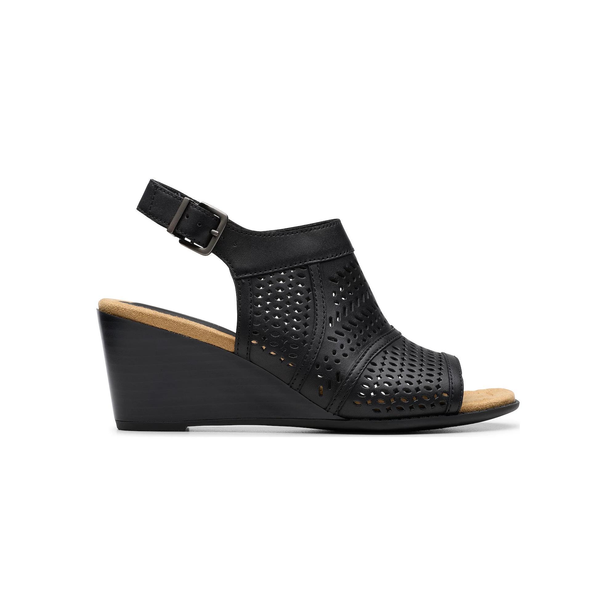 Clarks® Women's Emmalae Hope Leather Wedge Sandals, Size: 5.5, Black Leather Product Image