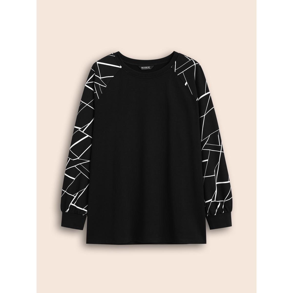 Plus Size Geometric Round Neck Raglan Sleeve Sweatshirt Women Black Casual Elastic cuffs Round Neck Dailywear Sweatshirts BloomChic 12/L Product Image