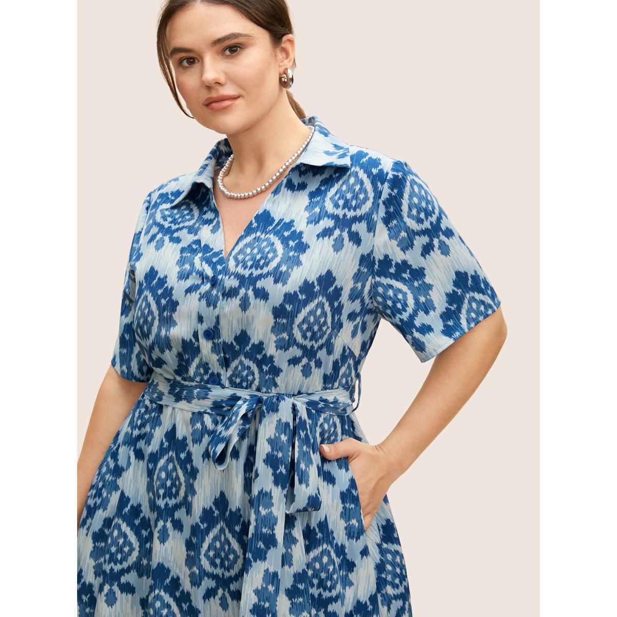 Plus Size Bandana Print Shirt Collar Belted Midi Dress LightBlue Women At the Office Belted Shirt collar Short sleeve Curvy BloomChic 18-20/2X Product Image
