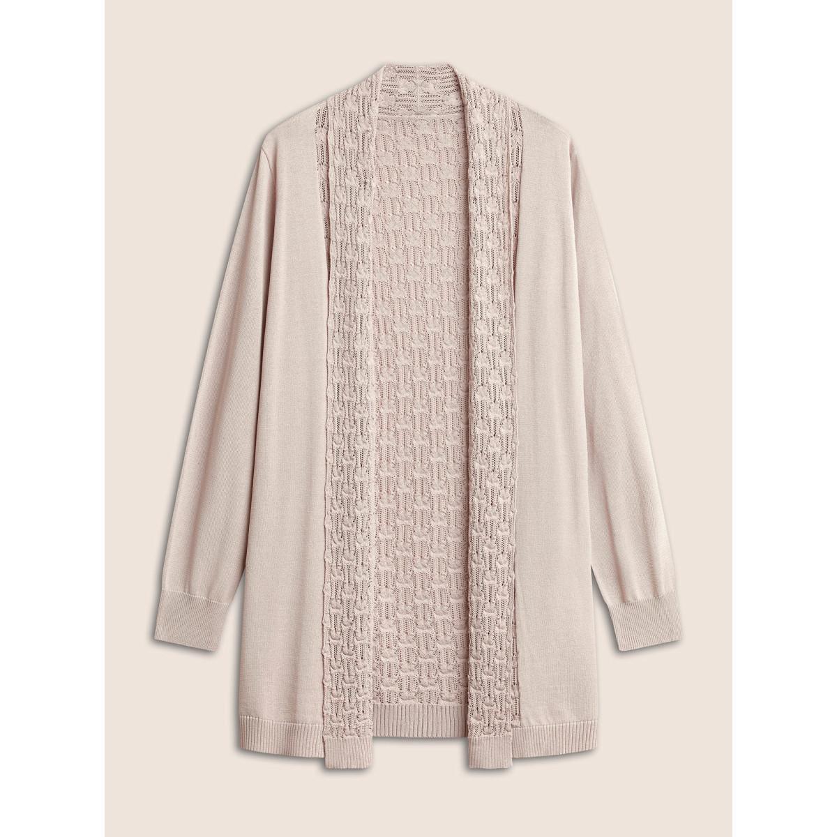 Plus Size Plain Lapel Collar Pointelle Knit Backless Cardigan Apricot Women Casual Long Sleeve Everyday Cardigans BloomChic 30/6X Product Image
