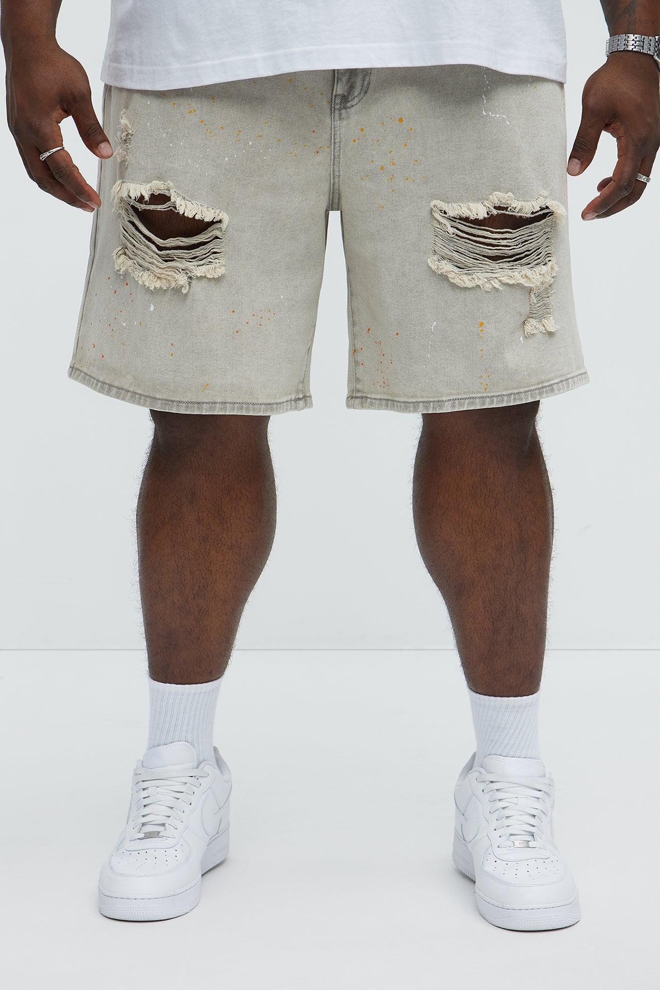 These Streets Paint Splattered Relaxed Denim Shorts - Grey Product Image