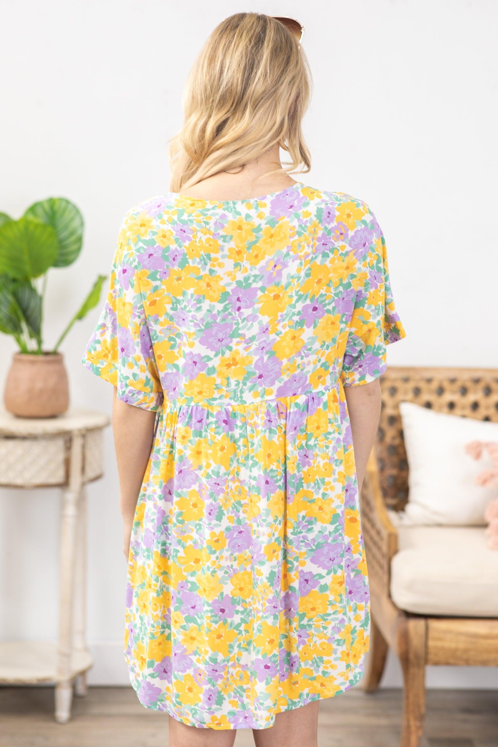 Lavender And Yellow Floral V-Neck Dress Product Image
