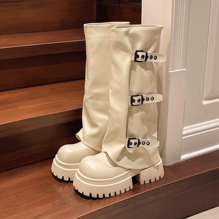 Platform Buckled Panel Knee High Boots Product Image