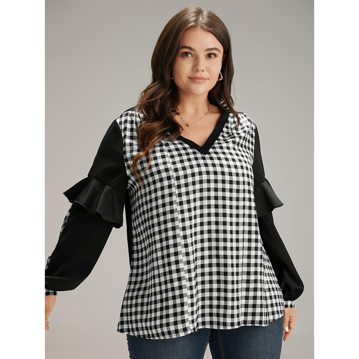 Plus Size Black Gingham Patchwork Ruffle Trim Blouse Women Office Long Sleeve V-neck Work Blouses BloomChic 22-24/3X Product Image