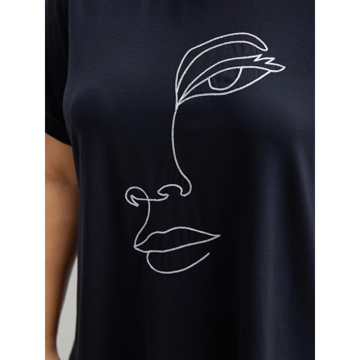 Plus Size Art & Design Embroidered Crew Neck T-shirt Indigo Women Casual Printed Art&design Dailywear T-shirts BloomChic 28/5X Product Image