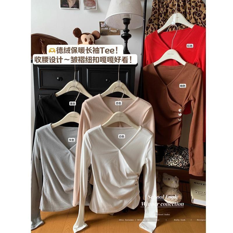 Long-Sleeve V-Neck Plain Shirred Top Product Image