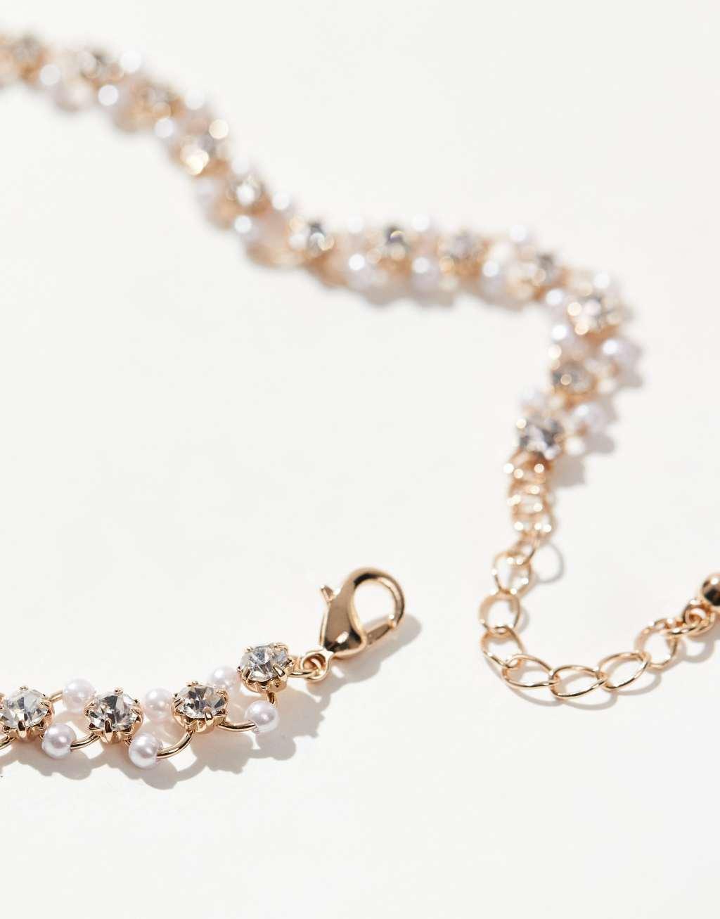 ASOS DESIGN Curve anklet with faux pearl and crystal detail in gold tone Product Image